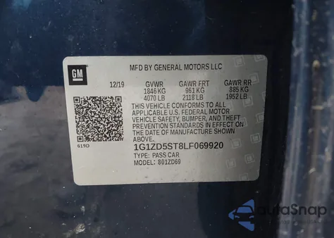 2020 Chevrolet Malibu Fwd Lt z USA, uszkodzony, nr VIN 1G1ZD5ST8LF069920